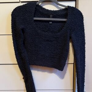 Skims Black Fuzzy Long Sleeve Crop Top